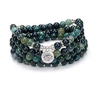 108 Bracciale Mala Preghiera Meditazione Perline Collana con il malocchio Charm Good Luck Yoga Jewellery (Agata Muschiata (Moss Agate))