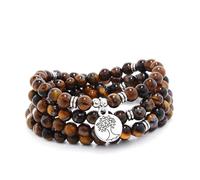 108 perle di pietra Mala fatte a mano con ciondolo albero della vita - da indossare come collana o braccialetto (Occhio di tigre marrone (Brown Tiger Eye))
