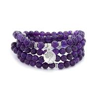 108 perle di pietra Mala fatte a mano con ciondolo albero della vita - da indossare come collana o braccialetto (Ametista (Amethyst))