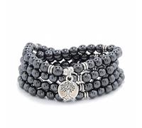 108 perle di pietra Mala fatte a mano con ciondolo albero della vita - da indossare come collana o braccialetto (Ematite (Hematite))