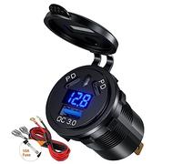 108W Presa Auto Doppia PD Accendisigari 12V, Doppia 45W PD e 18W QC3.0 Caricatore USB C, con Interruttore e Voltmetro, Ricarica Rapida USB C, Impermeabile, Adatto a Moto, Auto, Barche