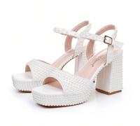 10cm Sandali con tacco a blocco, sandali con tacco alto e zeppa chunky, sandali da sposa bianchi con perle, sandali asimmetrici con tacco per feste, eventi e abiti da sposa, eleganti sandali con tacco