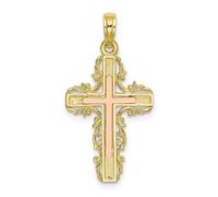 10k Bicolore Oro Lucidato & Testurizzati Pizzo Bordo Rosa Doppio Pendente a