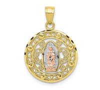 10k Tri-Colore Filigrana Oro Nostri Signora Di Guadalupe Rotondo Telaio Ciondolo