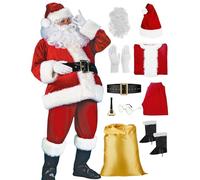 10pc Hanno Messo Costume da Babbo Natale di Lusso per Adulti,Xmas Babbo Natale Top,Pantaloni,Cappello,copertine per Stivali,Cintura, Barba,Guanti Tutti in