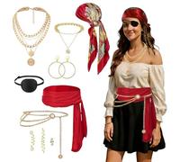 10PCS Aretas Costume da pirata da donna,Capitano Pirata Costume Accessori,accessori pirati Donna,bandana, cinture, collane, orecchini, catena in vita per Halloween Carnevale e Feste a Tema (rosso)