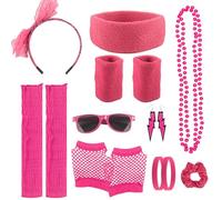 10PCS Déguisement Année 80 Femme, Disco Néon Fête Costume Vetement, Include Fiocco Fascia Capelli, Elastic, Elastico Capelli, Collana, Occhiali, Polsini, Scaldamuscoli, Orecchini, Braccialetti, Guanti