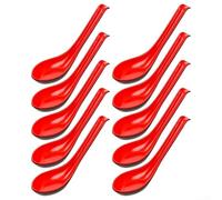 10pcs Melamine Soup Spoons Long Handle Hook Design | 10-piece set, break-resistant melamine, long handle with hook, dishwasher safe low per temp, red/black colors