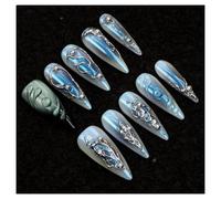 10Pcs Press On Nails Handpainted Y2K 3D Metallic Crystal Stiletto Holiday(Light green)