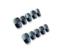 10PCS Unghie Press On Aurora Blu Cat Eye Corte Quadrate | Unghie finte ABS fatte a mano con design geometrico cromato glitter(3 Size L)