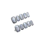 10PCS Unghie Press On Aurora Blu Cat Eye Corte Quadrate | Unghie finte ABS fatte a mano con design geometrico cromato glitter(2 Size L)