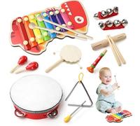 10Pezzi Strumenti a Percussione Bambini Piccoli Boho Set, Giocattoli Musicali in Legno Sensoriali Neutri, Giocattoli Ritmici con Xilofono Tamburelli Tamburo per Maschi Femmine