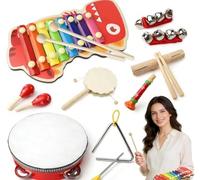 10Pezzi Strumenti a Percussione Bambini Piccoli Boho Set, Giocattoli Musicali in Legno Sensoriali Neutri, Giocattoli Ritmici con Xilofono Tamburelli Tamburo per Maschi Femmine