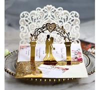10set 3D Pop Up Sposa e Sposo Bianco Biglietto di invito di nozze Taglio Laser Tasca Floreale Inviti di Fidanzamento con Busta e Carta Interna (Oro), 18 x 12,5 cm