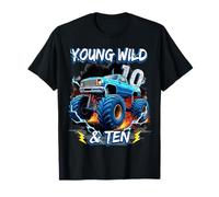 10th Birthday Monster Truck Young Wild And Ten 10 Year Old Maglietta