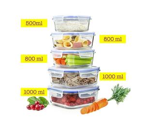 10tlg. Contenitori per Alimenti 2x1L 2x800ml1x500ml Vetro Pranzo Portapranzo
