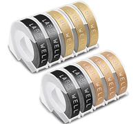 10x Labelwell 9mm x 3m Reemplazo de Etiqueta Compatible para Dynmo 3D Cinta de Estampación Autoadhesiva para Dynmo Organizer Xpress Junior S0717910 Omega S0717930, E-101, Negro/Oro/Oro Champagne