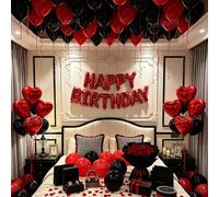 11/39/65 pezzi Set di decorazioni per palloncini di compleanno rosso & nero - Petali artificiali rossi + Palloncini a forma di cuore in foil rosso + Striscione Buon Compleanno + Palloncini in lattice 