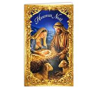 11-6578 - Biglietto per presepe di Natale cristiano religioso con busta, formato 12 x 19,5 cm, per credenti cattolici protestanti ortodossi, nascita di Gesù Maria Giuseppe con stelle dorate in rilievo