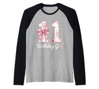 11 Anni undici Compleanno Ragazza Rosa Coquette Fiocco Figlia Maglia con Maniche Raglan