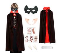 11 costume da vampiro per bambini, Dracula, Halloween, Carnevale, per bambini, con mantello da vampiro, denti da 90 cm, maschera da pipistrello, orecchie da elfo, costume da vampiro, costume da