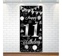 11 decorazioni di compleanno Happy 11th Birthday Sfondo Banner Nero Argento Triangolo Bandiera Palloncini Booth Sfondo Deco per ragazze Ragazzi 11 anni Anniversario Forniture per feste Photo Prop, 180