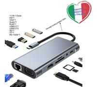 11 in 1 USB-C Hub AdaTTATORE HDMI VGA Ethernet SD PD Audio Laptop MacBook