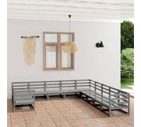 11 pezzi LG. Set salotto da giardino in legno massello di pino grigio, modulare per esterni, per terrazza, balcone e giardino, set robusto patio lounge