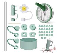 11 pezzi per accessori per Stanley Cup, coperchio per Stanley Cup a prova di perdite, colore verde, 4 tappi in silicone a prova di perdite, 4 cover in paglia, 1 custodia in silicone, 26 lettere Charm