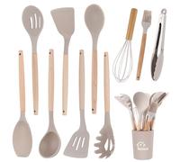 11 Pezzi Set Utensili Cucina Silicone, Set di Utensili da Cucina con Porta Utensili, Mestoli Cucina Silicone Antiaderente con Manico in Legno, Pentole, Set Mestoli Cucina Resistenti al Calore
