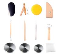 11 Pezzi Strumenti Argilla, Doppio Cuscinetto Girevole in Alluminio, Base Girevole, Kit Ceramica, Durevole, per Raschiare, Levigare, Ceramica, Scultura (Colore Originale del Legno + Argento)