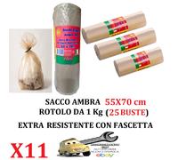 11 Rotoli da 1 Kg (Tot. 275 Buste) 55x70 Sacco immondizia AMBRA Extra Resistenti