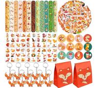 110 bomboniere a tema volpe, accessori per feste a tema animali del bosco, tra cui braccialetti schiaffi, adesivi, portachiavi, distintivi, tatuaggi temporanei e sacchetti regalo, ideali per