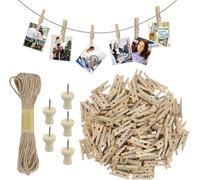 110 Mollette in Legno Piccole, Mini Fai Da Te, Decorazioni per Foto Con 10 Chiodi e 1 Filo di Iuta Da 10 m, per Confezione Bomboniere (2,5 x 0,7 cm)