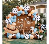 110 pezzi Set di arco di palloncini a tema western cowboy, inclusi palloncini in lattice blu, marrone, beige e a motivo mucca, adatto per tema fattoria/mucca, festa a tema cowboy, festa di compleanno,