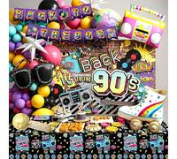 111 pezzi Kit per arco di palloncini a tema discoteca, riempito con il fascino retrò degli anni '80 e '90. Il set include una radio, pattini a rotelle, occhiali da sole, una pista da ballo a tema disc