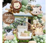 114 pezzi Decorazioni per feste a tema animali della giungla, inclusi palloncini in foil a forma di zebra, tigre, leone, giraffa, palloncini in lattice verde, giallo, tonalità della pelle, cachi, adat