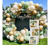 118pz Decorazioni Primo Compleanno,3pz Scatole Di Palloncini Uno e 112pz Palloncini Verde Bianco Oro Arco Kit Per La Decorazione Primo Compleanno Verde Salvia, Selvaggio Un Compleanno, Giungla Safari