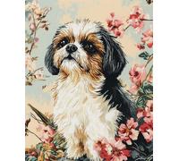 11CT Cane Animale Diy Kits De Bordado Punto Cruz Shih Tzu E Fiori Kit Punto Croce Stampato，Timbrato Ricamo Set Per Adulti Embroidery Art Decorazione Casa 40x50cm