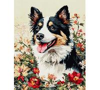 11CT Cane Animale Fai Da Te Fatto A Mano Cucito Kit Border Collie E Fiori Kit Punto Croce Contato Per Adulti Principianti,Timbrato Modelli Stampati Set Ricamo Per Decorazione Arte Mural 40x50cm