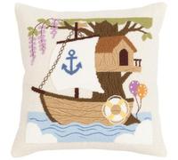 11CT Kit Punto Croce da Ricamare, Barca a vela e casa sull'albero dei cartoni animati Cuscino Punto Croce Prestampato 45x45cm, Kit Per Ricamare Federa, Cuscino Ricamato a Mano per Principianti
