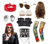11PCS Punk Gothic Rock Set, Accessori Costume Punk con Parrucca Tatuaggi Maniche Fascia Occhiali da Sole PU Guanti Bracciale Anello per 60s/70s/80s Halloween Carnevale Rave Party