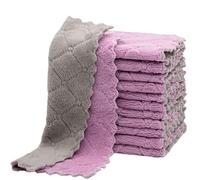 12/1pcs Double-layer Towel Super Absorbent Coral Fleece Cleaning Cloths Kitchen Dishcloths Scouring Rag(Purple- Grey,1PC)