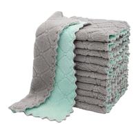 12/1pcs Double-layer Towel Super Absorbent Coral Fleece Cleaning Cloths Kitchen Dishcloths Scouring Rag(Green- Grey,12PCS)