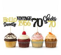 12/24 pezzi Decorazioni per cupcake con glitter per 70° compleanno - "Evviva i 70 anni", "Ciao settanta", "Vintage 1956" - Decorazioni per torta con scintillii neri e dorati, accessori per festa dei 7