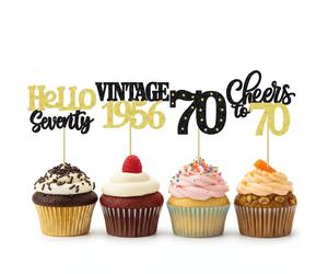 12/24 pezzi Decorazioni per cupcake con glitter per 70° compleanno - "Evviva i 70 anni", "Ciao settanta", "Vintage 1956" - Decorazioni per torta con scintillii neri e dorati, accessori per festa dei 7