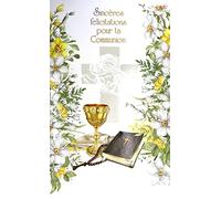 12-6012 - Carta Sincere congratulazioni per la tua Comunione, croce cristiana cattolica, bibbia, taglio fiore, consegnato con busta, formato 12 x 19,5 cm, carta ecologica FSC gestione sostenibile