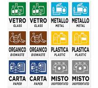 12 Adesivi per Raccolta Differenziata | Etichette in Italiano e Inglese per Contenitori Rifiuti | Formato cm 5x7