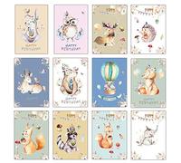 12 biglietti di compleanno ecologici - Mix di 12 disegni unici stampati su cartone riciclato e con buste riciclate…