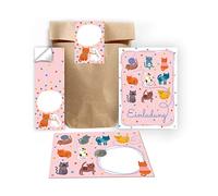 12 biglietti d'invito per il compleanno dei bambini, per ragazze, ragazzi, gatti, gatti, incl. 12 buste, 12 sacchetti/naturale, 12 adesivi